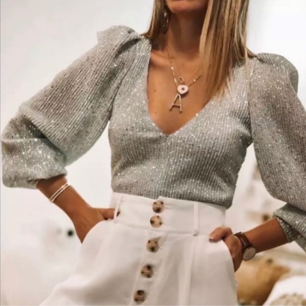 Zara Sequin Puff Sleeve V-Neck Top Blouse Party Bodycon Holiday Silver Sz Small